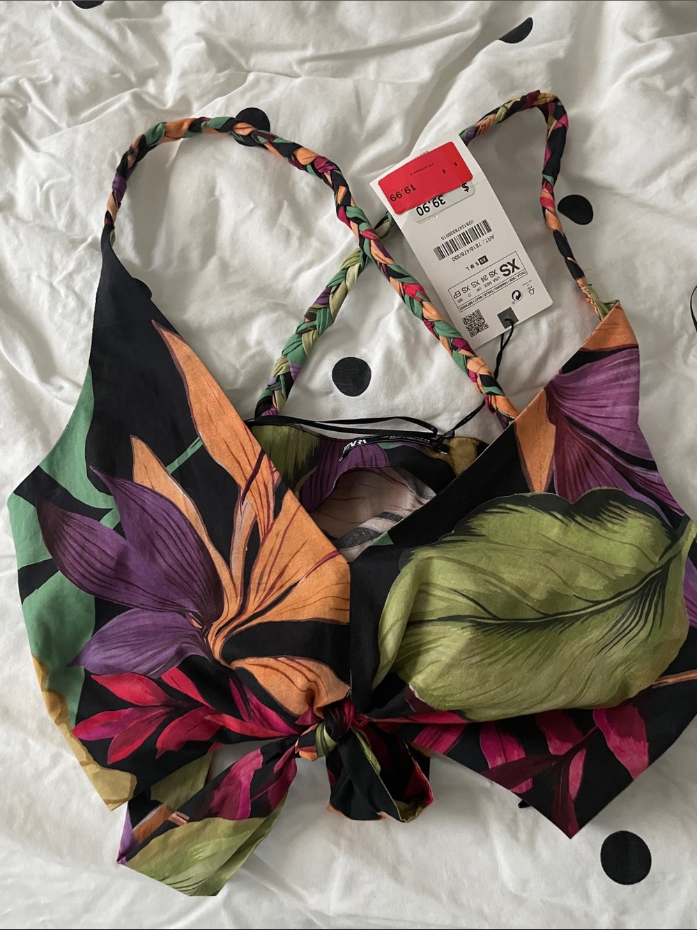 Zara Black Floral Tie-Front Crop Top with Multicolor Braided Straps BNWT